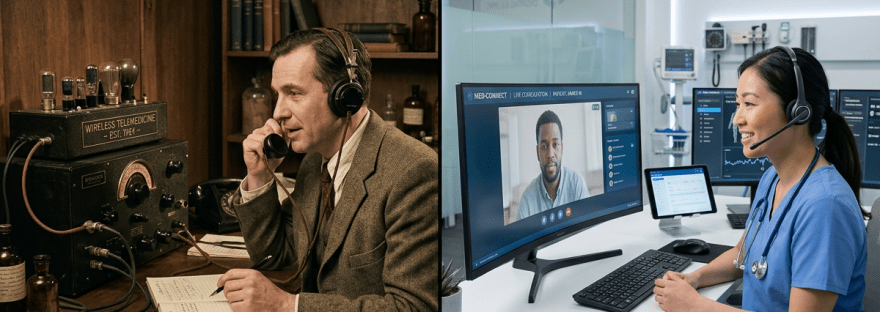 Split image showing a 1920s telemedicine consultation on the left and a modern digital clinic video consultation on the right